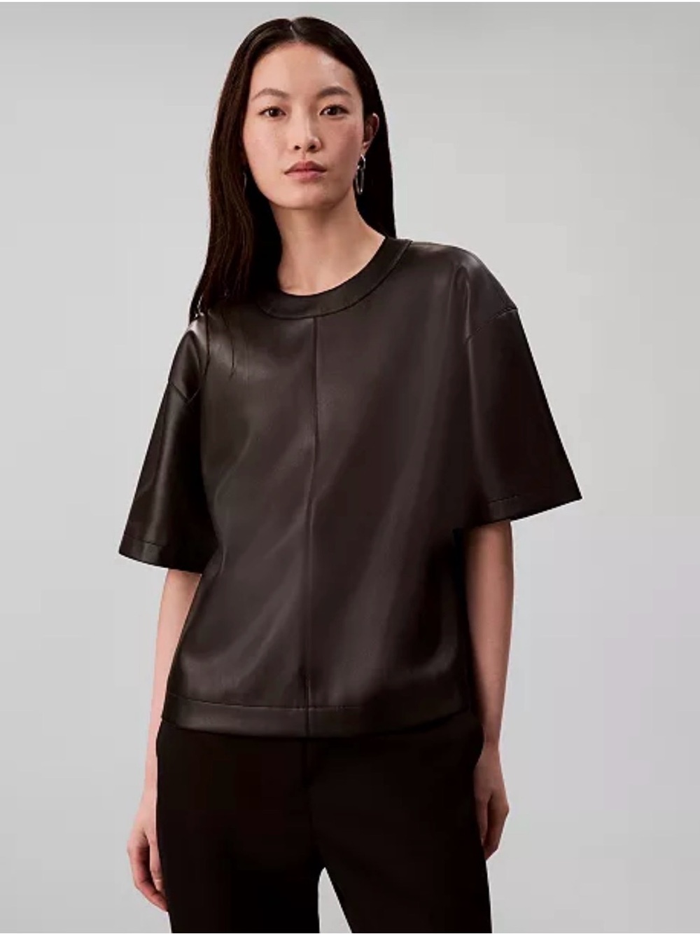 Calvin Klein Faux Leather Top NWT Size L Black Vegan Leather Short Sleeve Minima